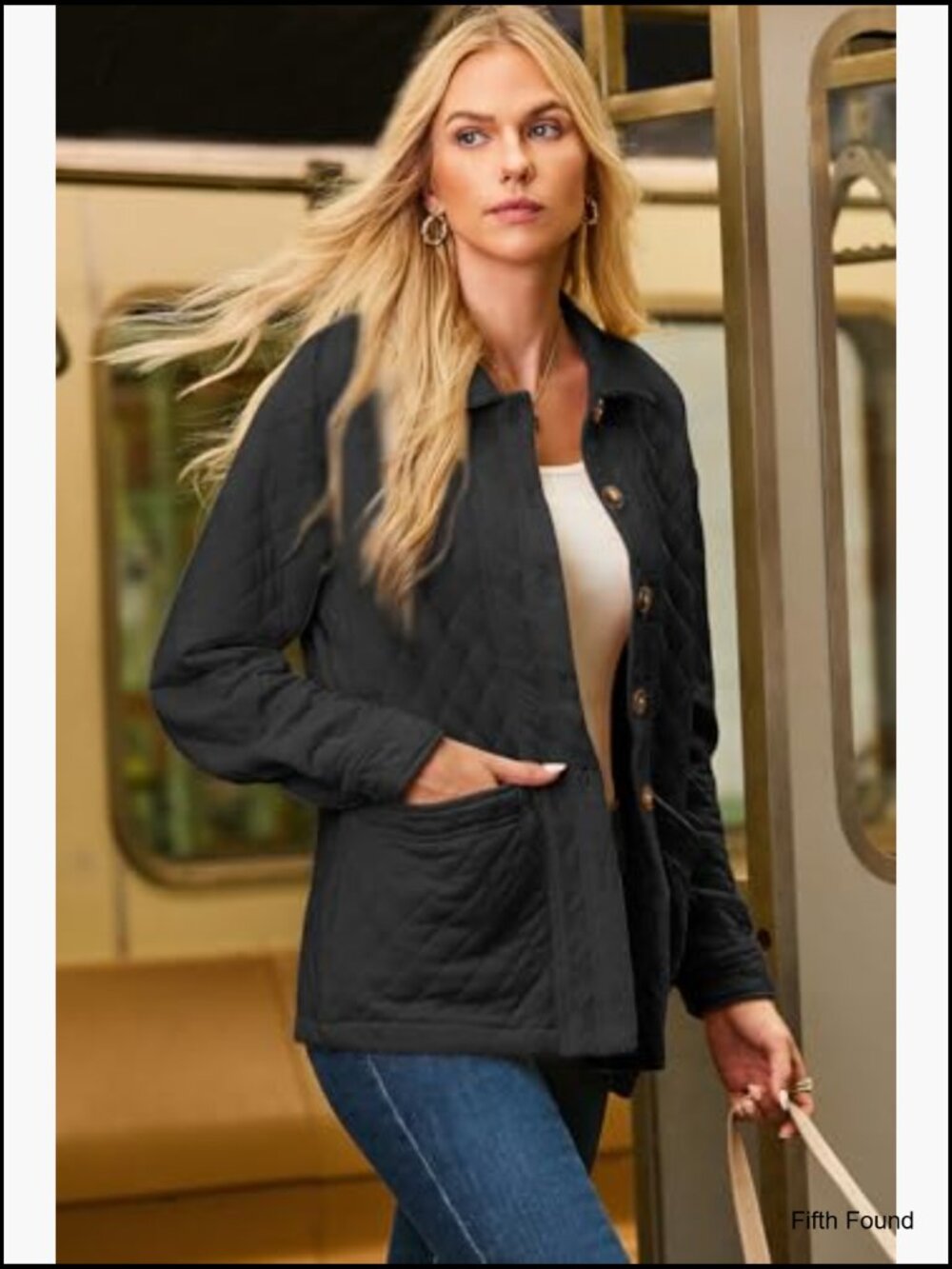 Quilted Button Down Long Sleeve Jacket with Pockets - Picture 3 of 7